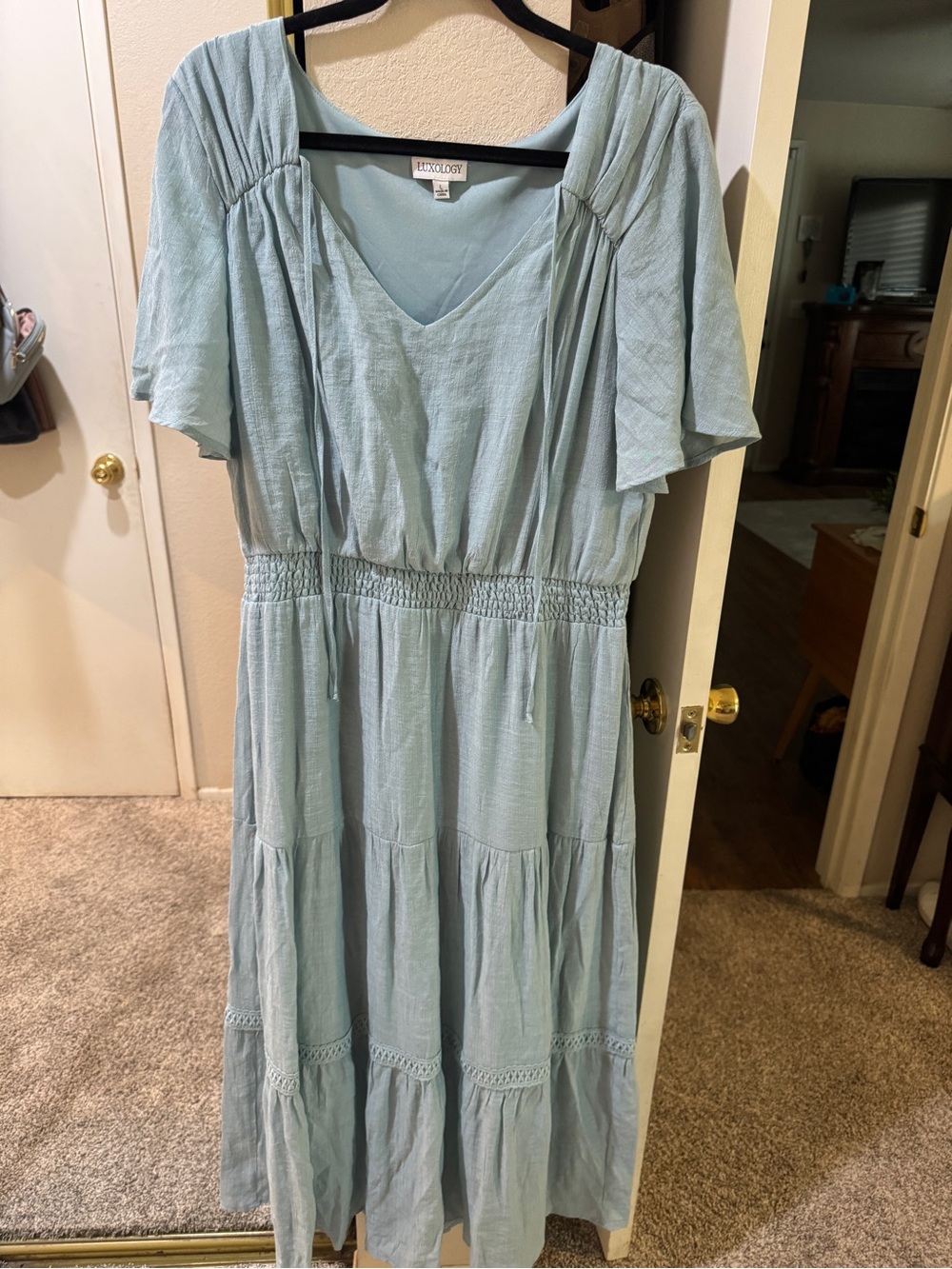 Women’s Sky Blue Tiered V-Neck Smocked Waist Maxi Dress